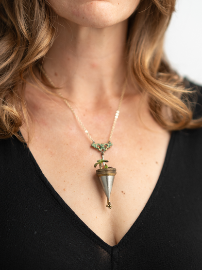 Brass and Silver Cone with Green Filigree Necklace and Succulents
