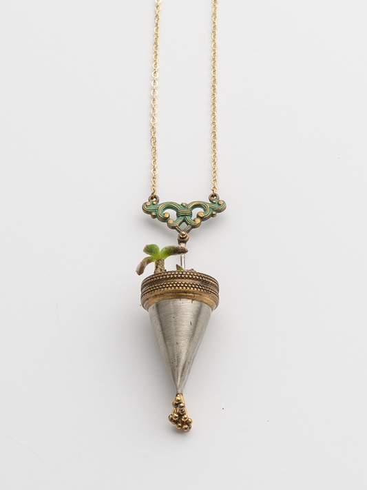 Brass and Silver Cone with Green Filigree Necklace and Succulents