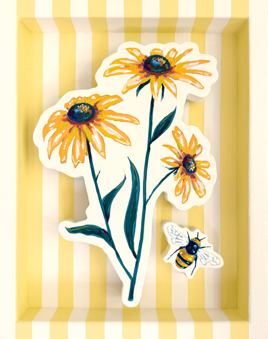 Black-Eyed-Susans on Butter & Cream with One Bee, 11 x 14