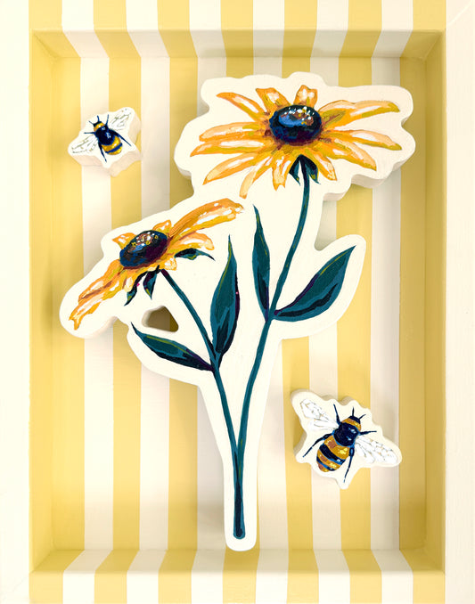 Black-Eyed-Susans on Butter & Crean with Two Bees, 11 x 14