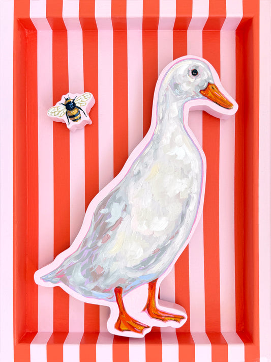 Duck and Bee on Pink and Red, 12 x 16