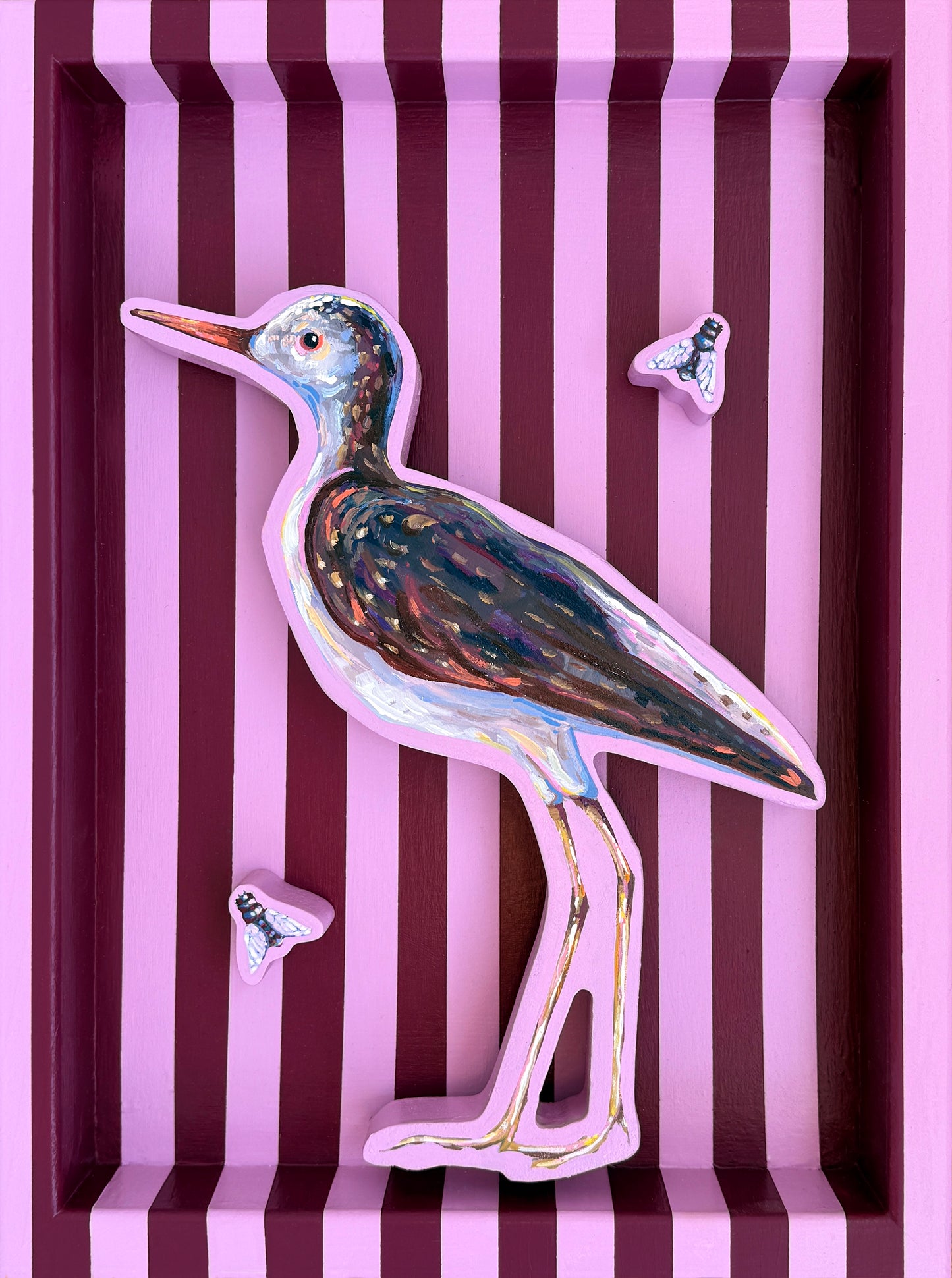 Greater Yellow Legs & Horseflies on Orchid and Burgundy, 12 x 16