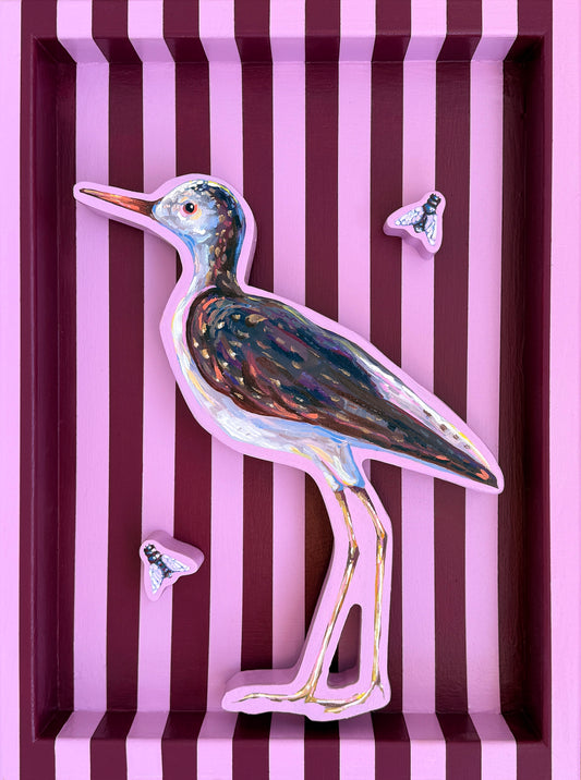 Greater Yellow Legs & Horseflies on Orchid and Burgundy, 12 x 16