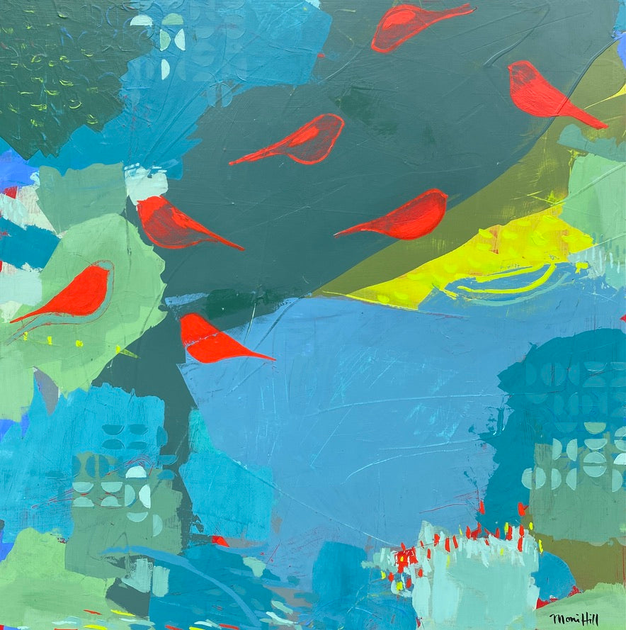 "MCM Red Abstract Birds" 24 x 24