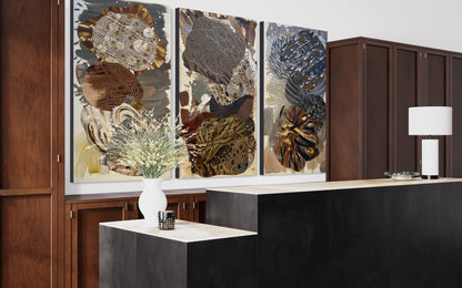 "Gold And Gray On The Half Shell" (Triptych)  80 x 48 x 3