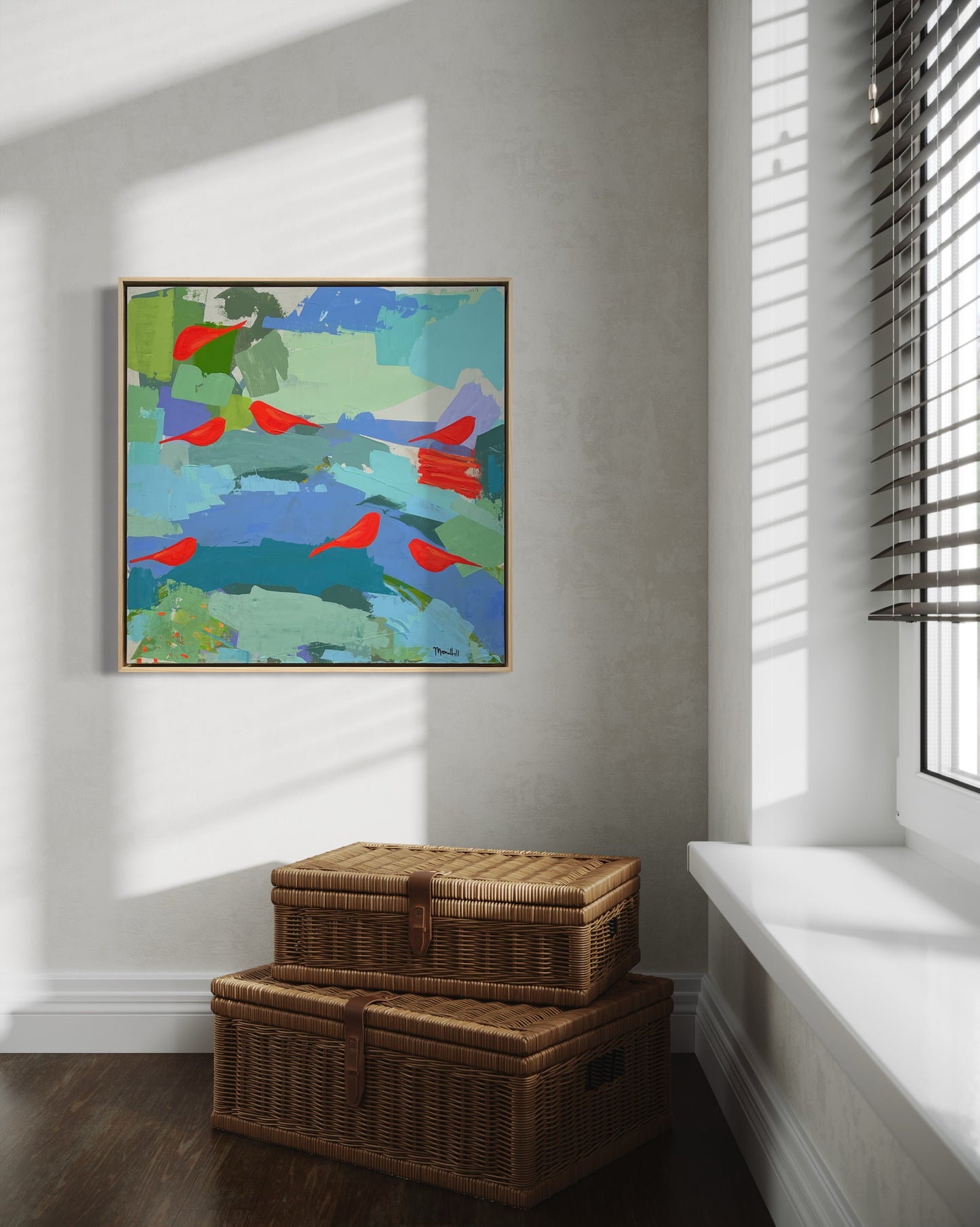 "MCM Red Abstract Birds" 24 x 24