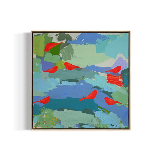 "MCM Red Abstract Birds" 24 x 24