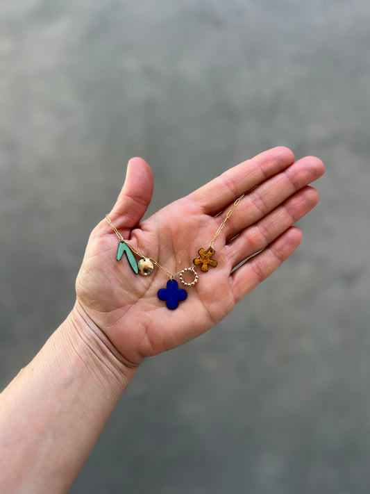 Garden Charm Necklace, Green, Marigolg and Blue