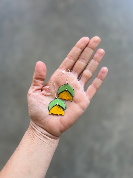 Marigold Tulip Earrings, enamel and metal