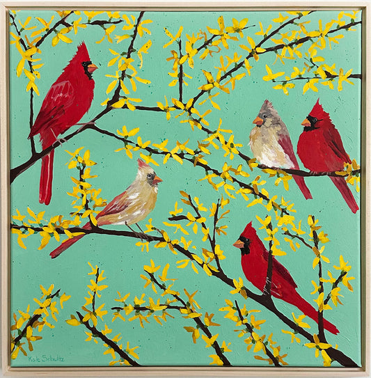 "Cardinals in the Forsythia", 24 x 24