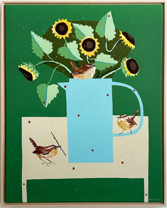 "Carolina Wrens and Sunflowers", 24 x 30