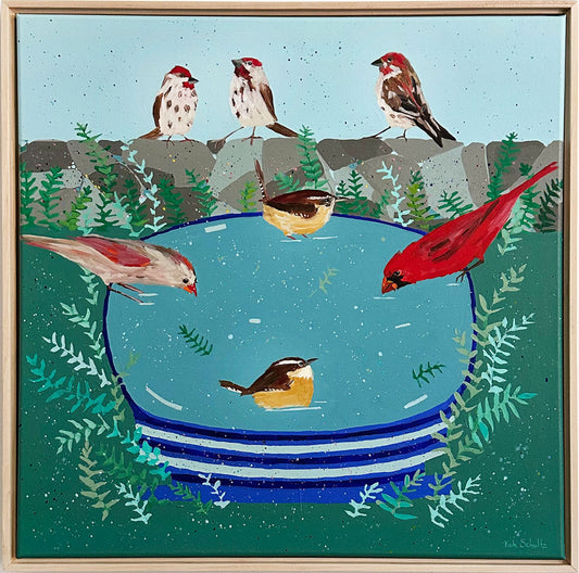 "Friends Sharing the Birdbath", 24 x 24