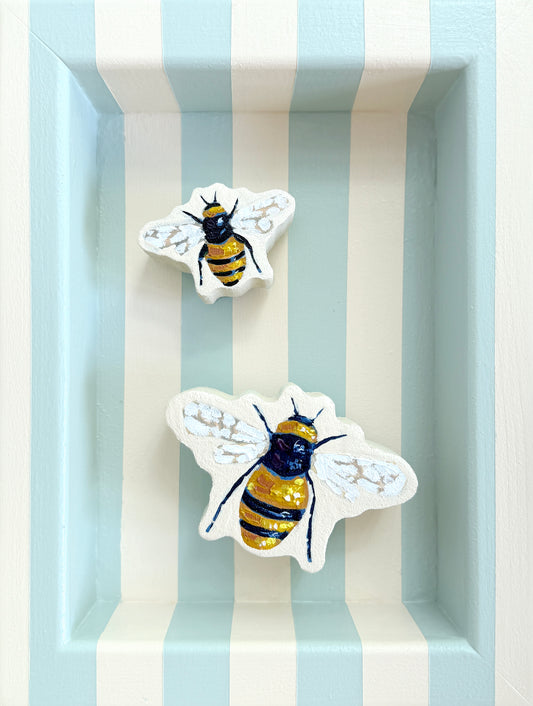 Two Bees on Sky & Cream, 6 x 8