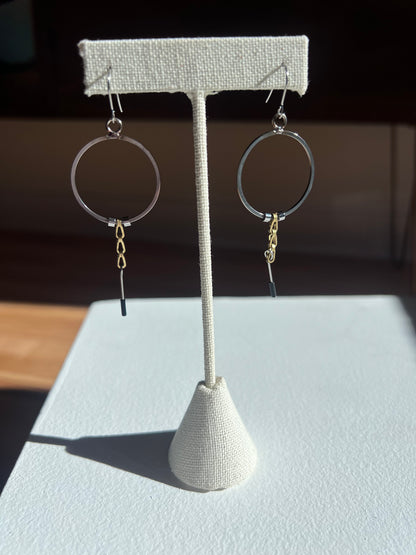 Circle Earrings with Chain and Black Tipped Pin