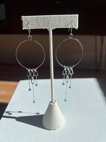 Circle Earrings with Chain and Blue Tipped Pins