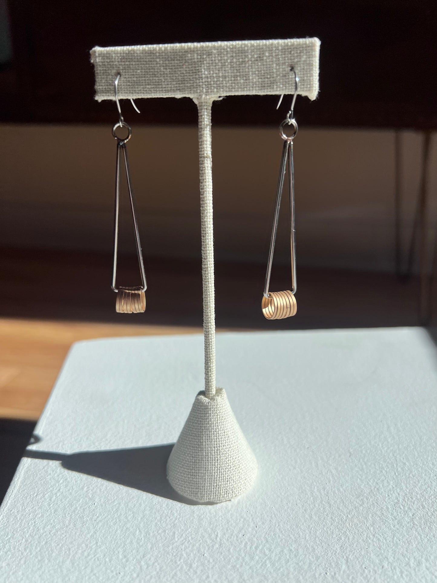 Long Triangle Earrings with Brushed Gold Rings