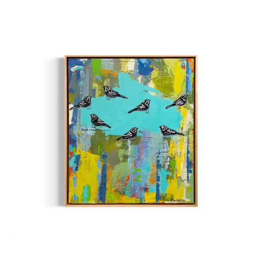 "Black and White Warblers" (Teal) 22 x 25