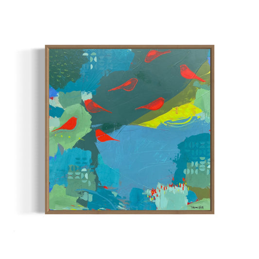 "MCM Red Abstract Birds" 24 x 24