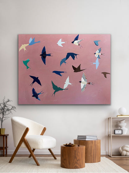 "Barn Swallows Flying at Sunset" 48 x 60