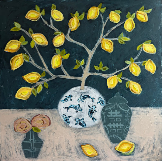 Lemon Tree on Dark Blue- 36 x 36