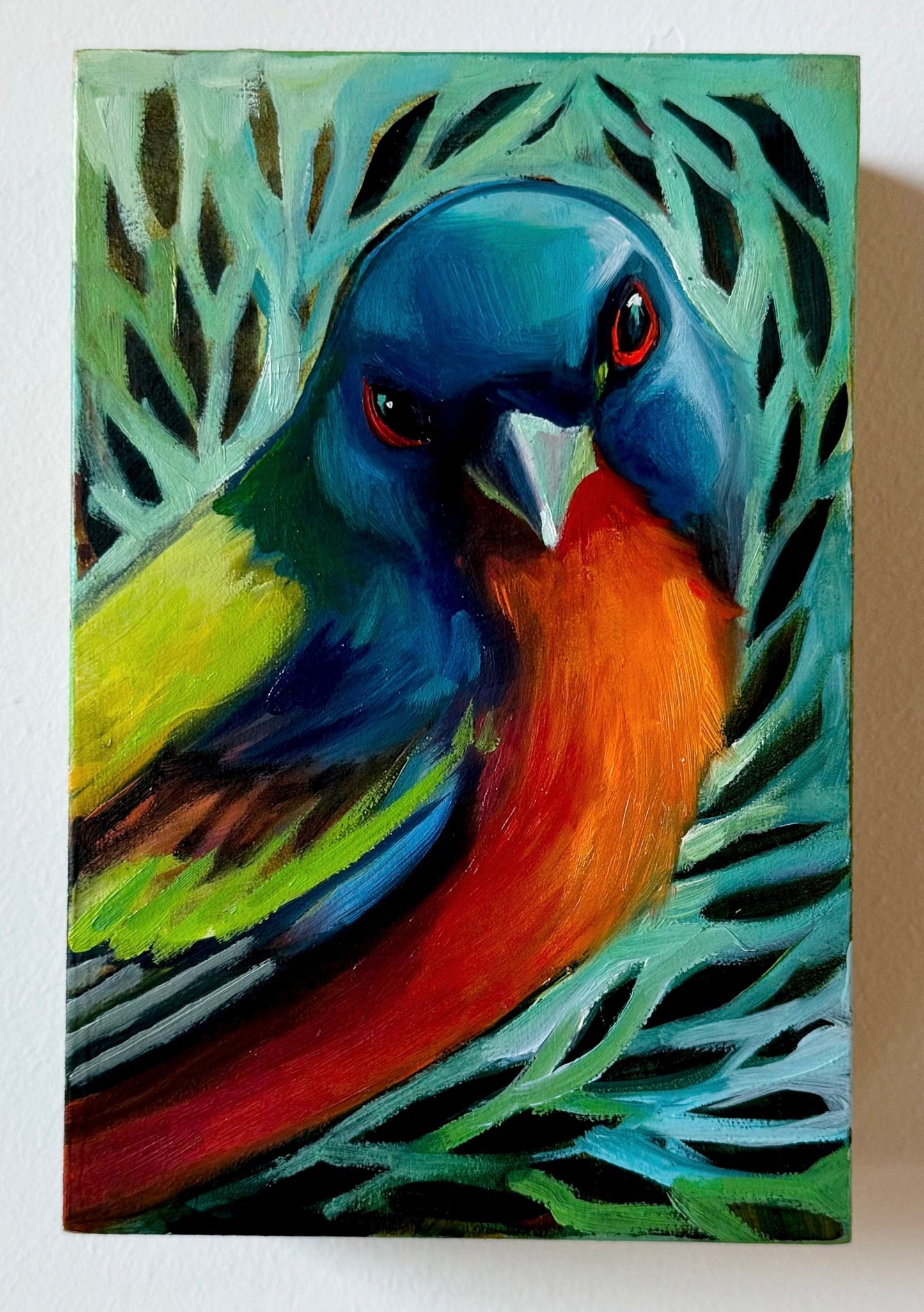 "Painted Bunting with Leaves" 4 x 6 x 1.5