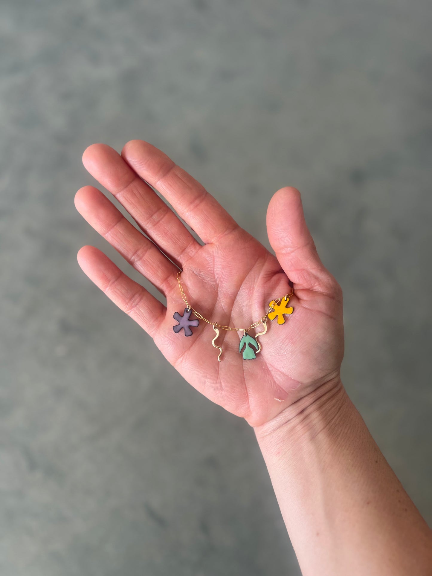 Garden Charm Necklace, Marigold, lavender and Green