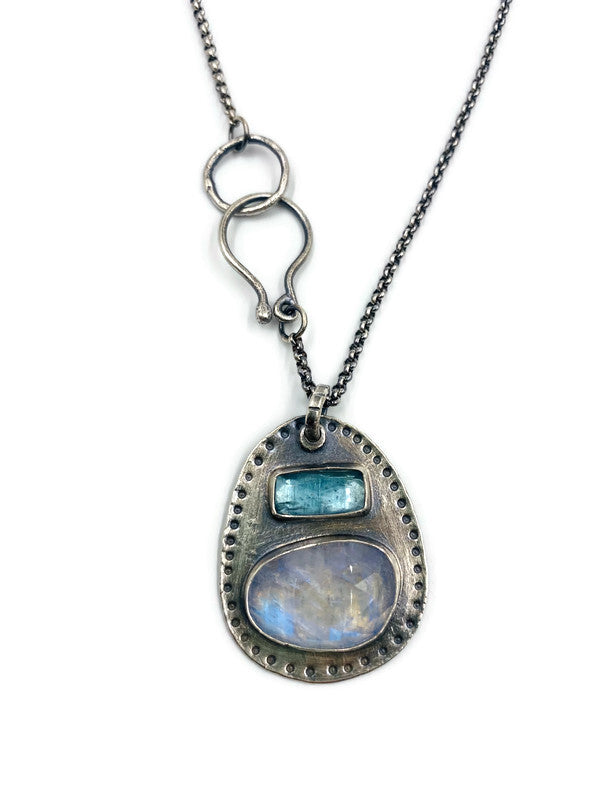 Medallion Pendant Necklace - Rainbow Moonstone and Kyanite- N195