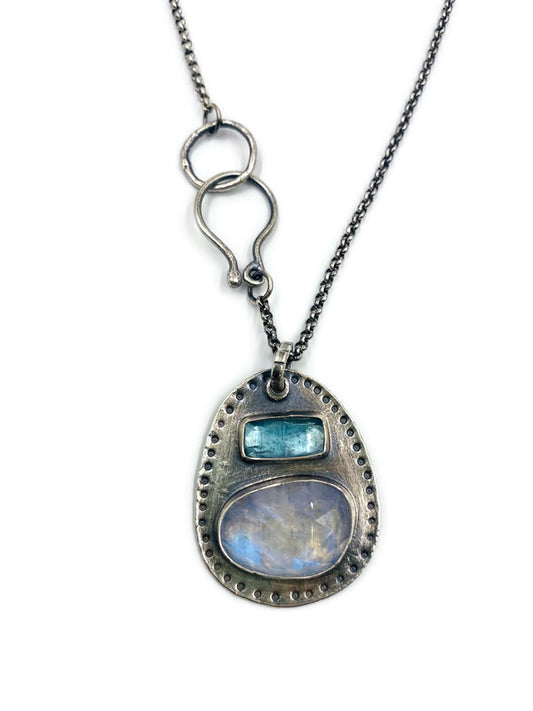 Medallion Pendant Necklace - Rainbow Moonstone and Kyanite- N195