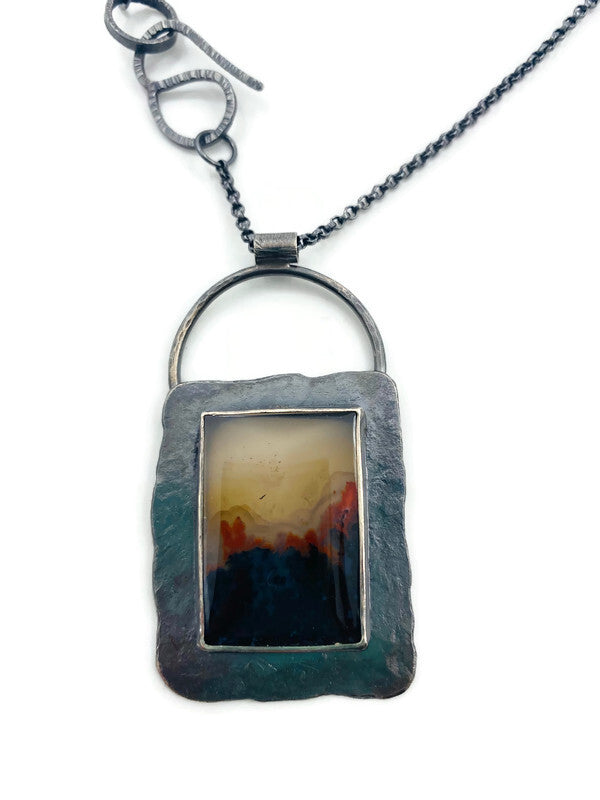 Oxidized Pendant Necklace with Flower Plume Agate - N500