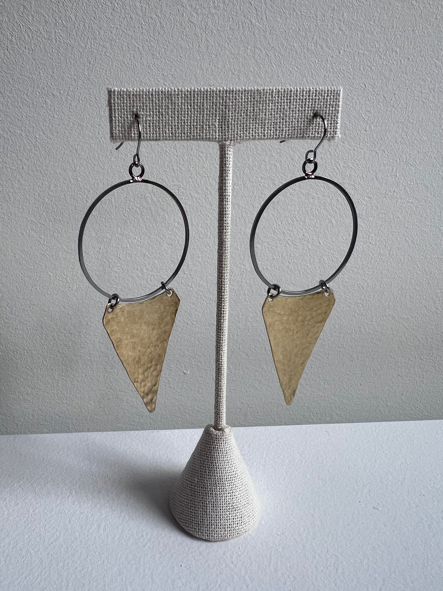 Hammered Brass Triangles on hoop earring