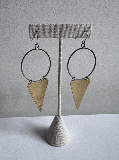 Hammered Brass Triangles on hoop earring